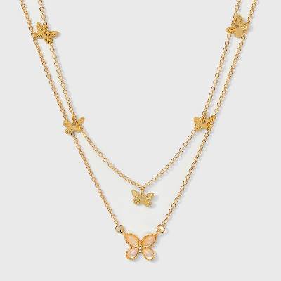 Butterfly Charm and Chain Multi-Strand Necklace - Wild Fable™ Gold: Lobster Claw Clasp, Iron Resin Zinc Alloy, 17" Length