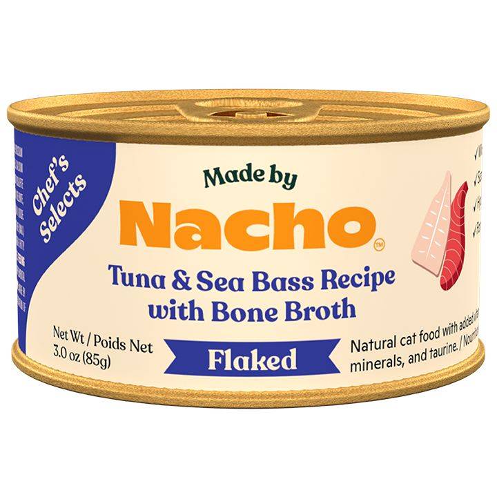 Made by Nacho Chef's Selects - Flaked Adult Cat Food, 3 OZ (Flavor: Tuna & Sea Bass, Size: 3 Oz)