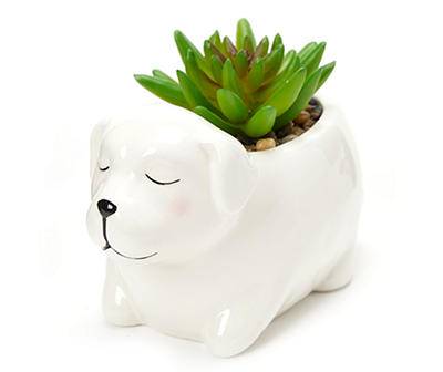 Real Living Artificial Succulent in Ceramic Dog Planter, White