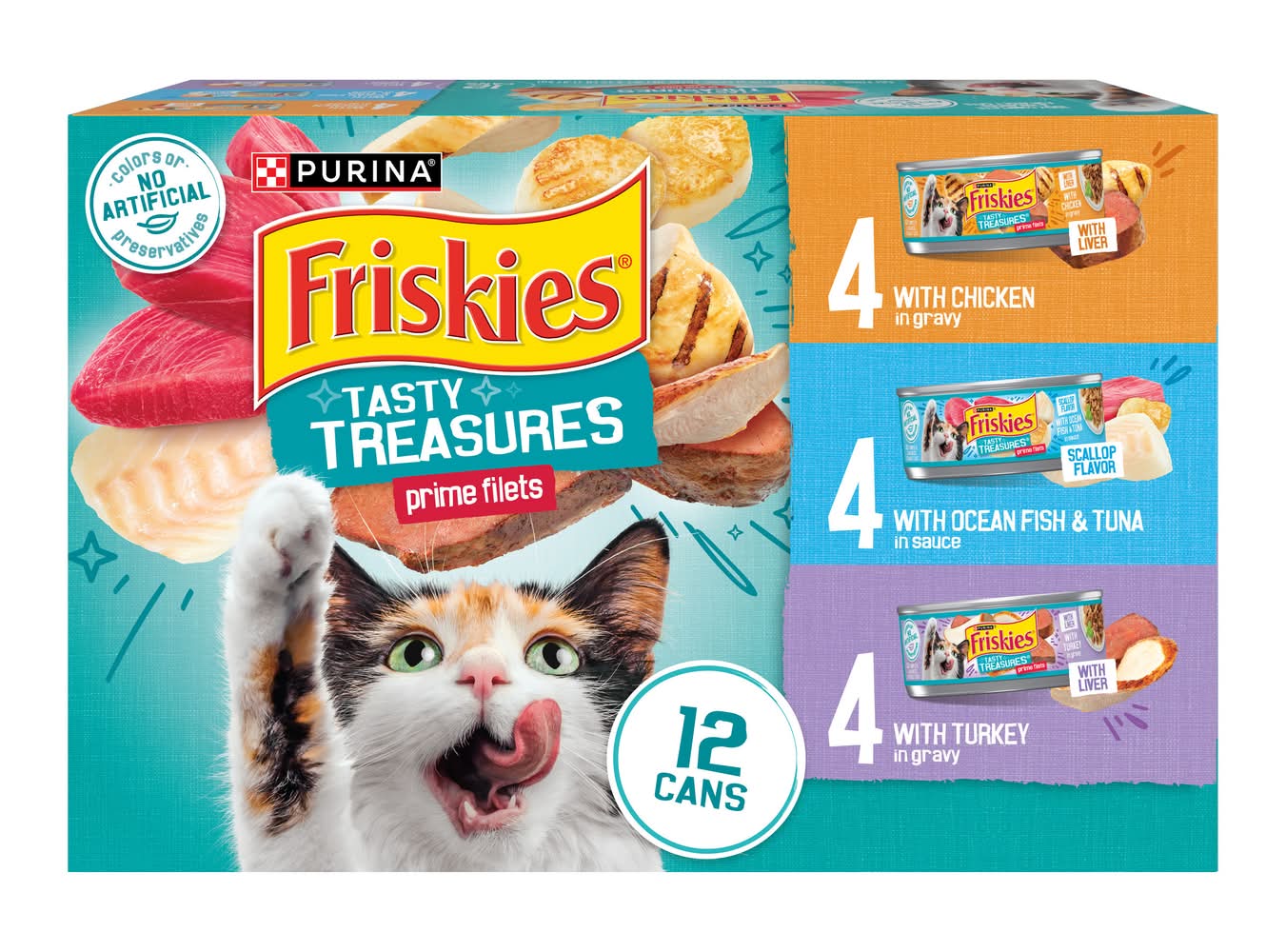 Purina Friskies Tasty Treasures Prime Fillets Gravy Wet Cat Food, Ocean Fish & Tuna-Chicken-Turkey (12 x 5.5 oz)