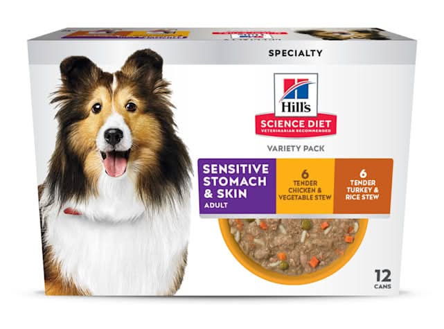 Hill's Science Diet Adult Sensitive Stomach & Skin Turkey & Chicken Stew Wet Dog Food Variety Pack, 12.5 oz., Pack of 12