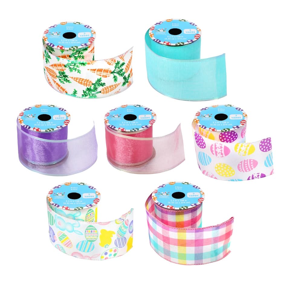Crafters Square Easter Printed Wire Edged Ribbon Rolls, 9 ft, Assorted (7 ct)