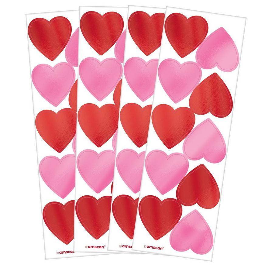 Pink Red Valentine's Day Hearts Foil Sticker Sheets, 6ct