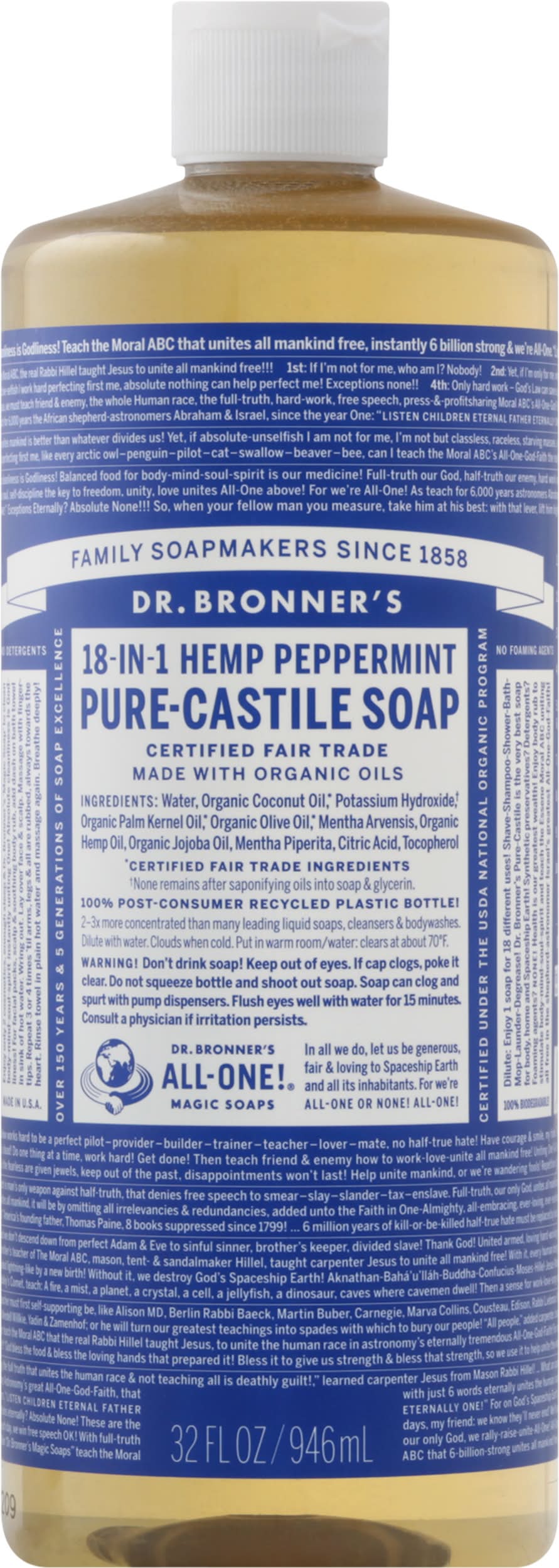 Dr. Bronner's 18 In 1 Pure Castile Magic Soap, Peppermint (32 fl oz)