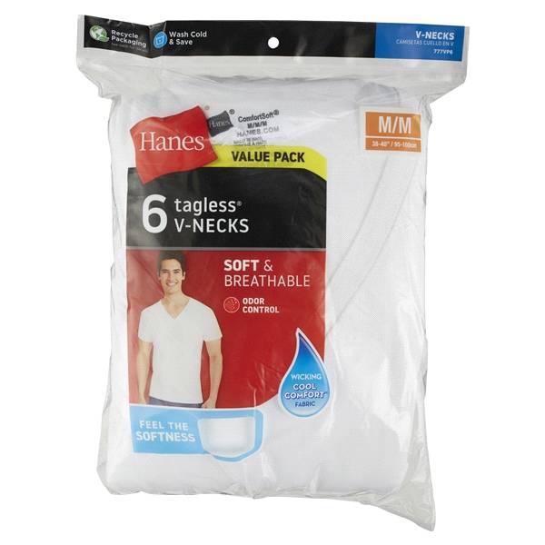 Hanes Men's Comfortsoft V-Neck T-Shirts, White, 6 Pack, Medium