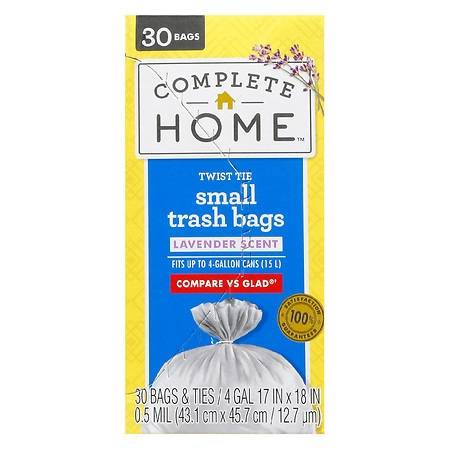 Complete Home Twist Tie Trash Bags Lavender Scent 4 Gallon 4 Gallon, White