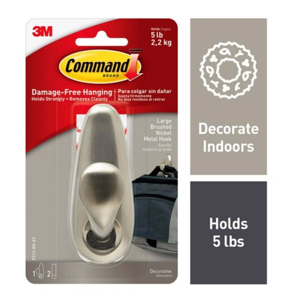 3M Command 4-1/8 In. L Brushed Nickel Metal Large Hook 5 Lb. Cap. 1 Pk