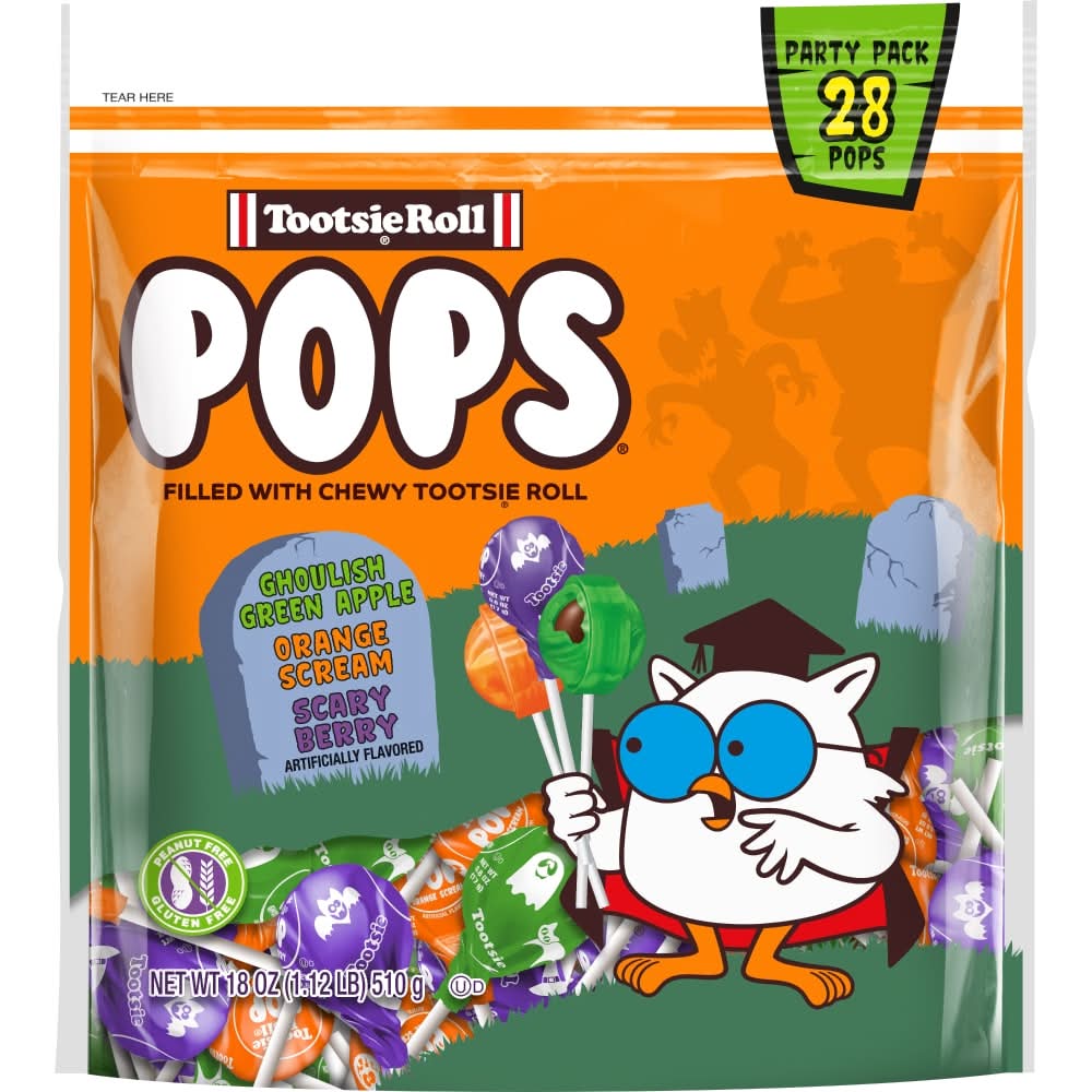 Tootsie Roll Pops Filled With Chewy Party pack, Ghoulish Green Apple-Orange Scream-Scary Berry (18 oz, 28 ct)
