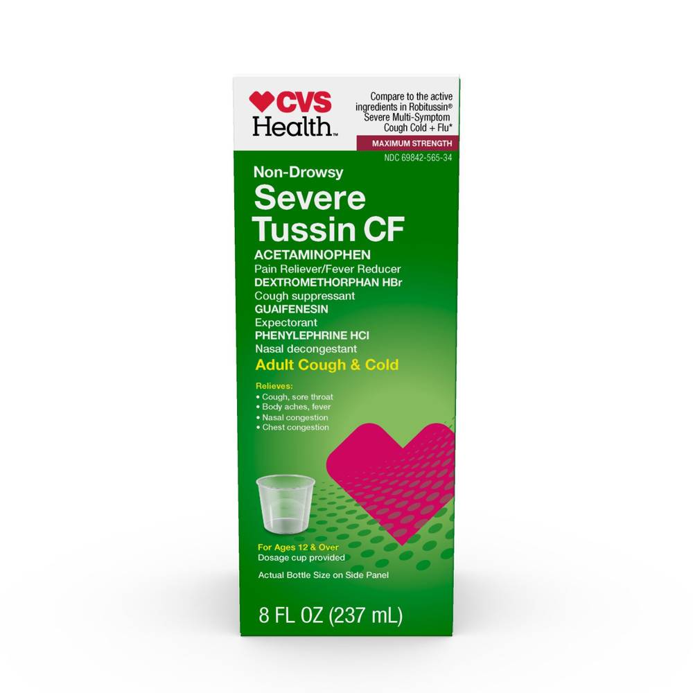 CVS Health Maximum Strength Non Drowsy Severe Tussin CF Cough & Cold Liquid, 8 OZ