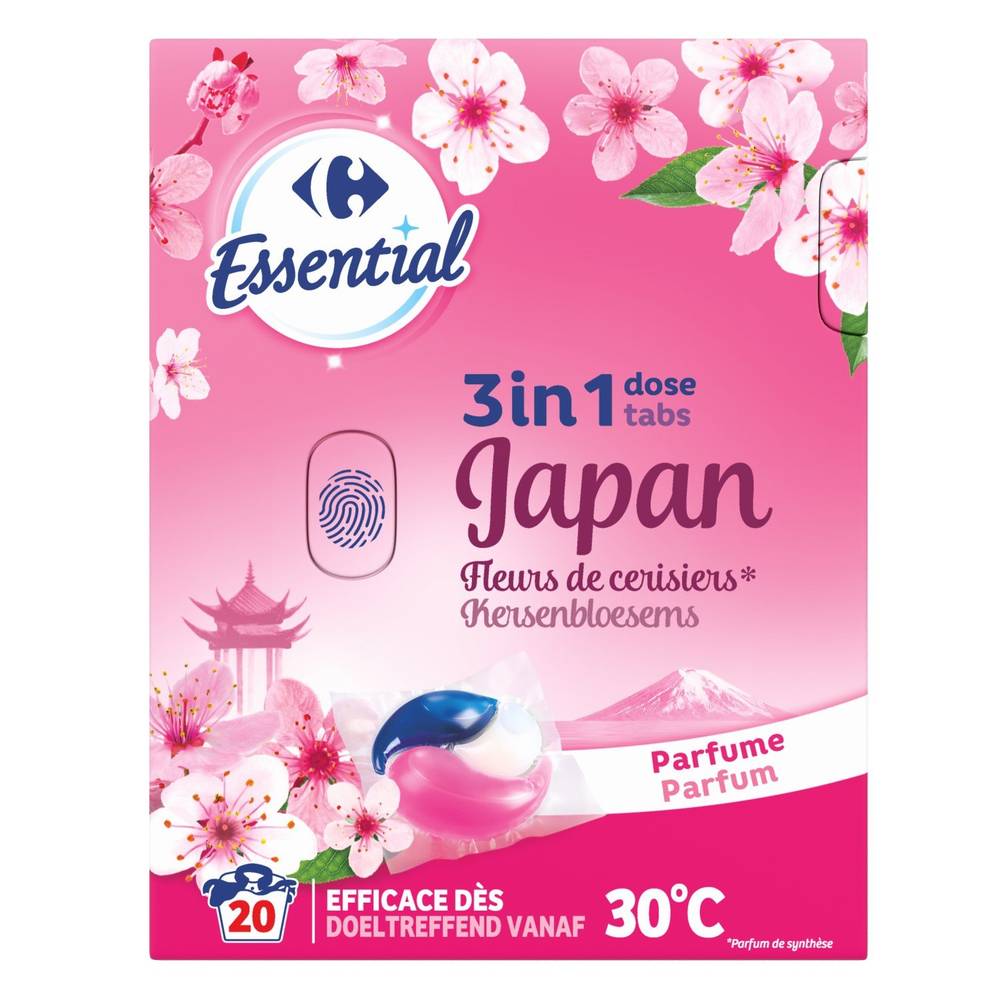 Carrefour Essential - Lessive dose 3 en 1 fleurs 20 lavages (cerisiers)