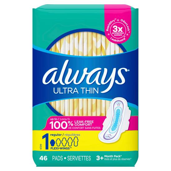Always Ultra Thin Pads Size 1 Regular Absorbency Unscented with Wings, 46 Count