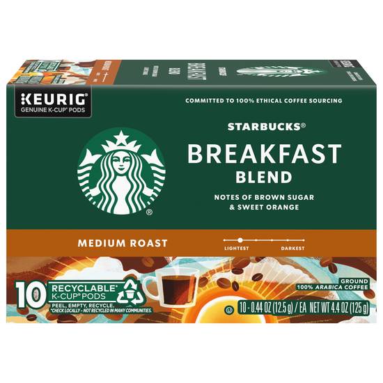 Starbucks Medium Roast Ground Breakfast Blend Coffee K-Cup Pods (10 ct, 0.44 oz)