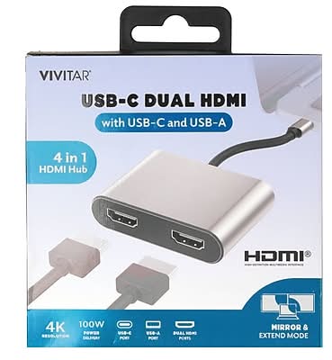 Vivitar 4-Port USB-C to Dual HDMI Hub, Silver (VIVHUB41-NOC-T35-24)