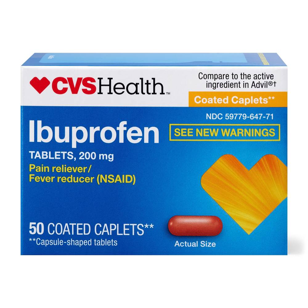 Cvs Health Ibuprofen Pain Reliever & Fever Reducer (Nsaid) 200 Mg Coated Caplets, 50 Ct