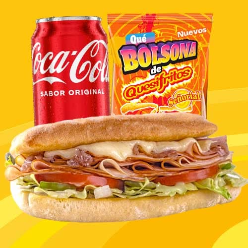 Combo Sandwich Jamonchis Deluxe + Bolsona Señorial Variedad 25g+ Coca Cola Lata 12 oz