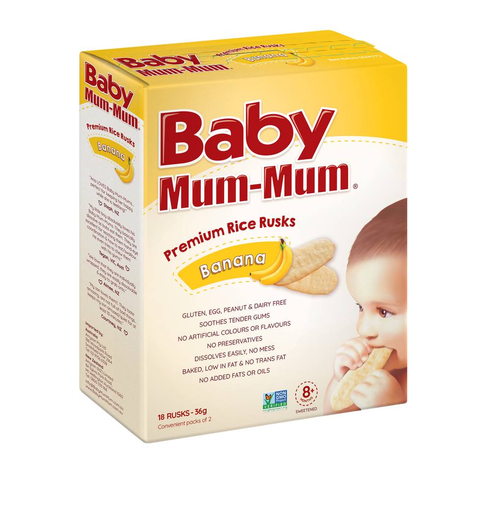 Mum-Mum Premium Rice Rusk Baby Snack 8+ Up, Banana (36g, 18 pack)