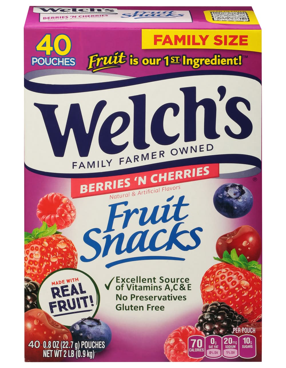 Welch's Gluten Free Flavored Fruit Snacks, Berries 'N Cherries (40 x 0.8 oz)