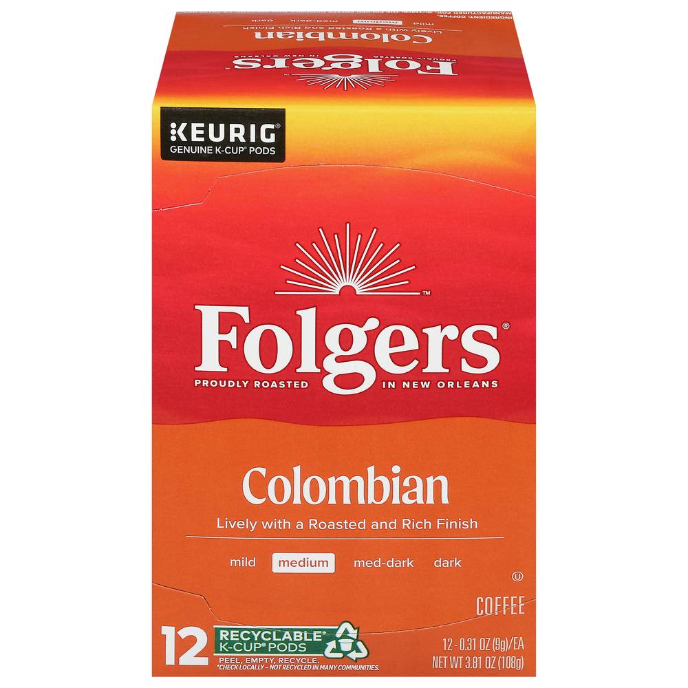 Folgers Colombian Medium-Dark Roast Coffee K-Cup Pods (12 x 0.33 oz)