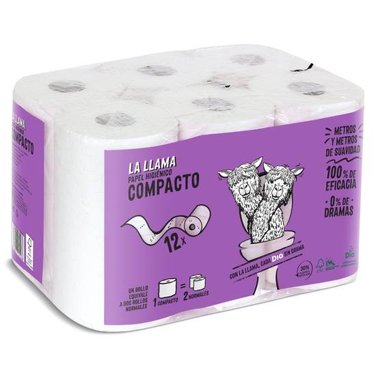 Papel higiénico compacto doble rollo La llama bolsa 12 unidades