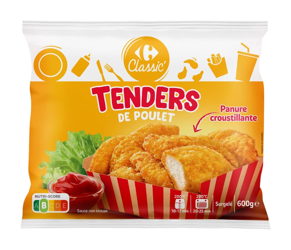 Tenders de poulet panés avec une panure croustillante, surgelés. CARREFOUR CLASSIC' - sachet de 600g
