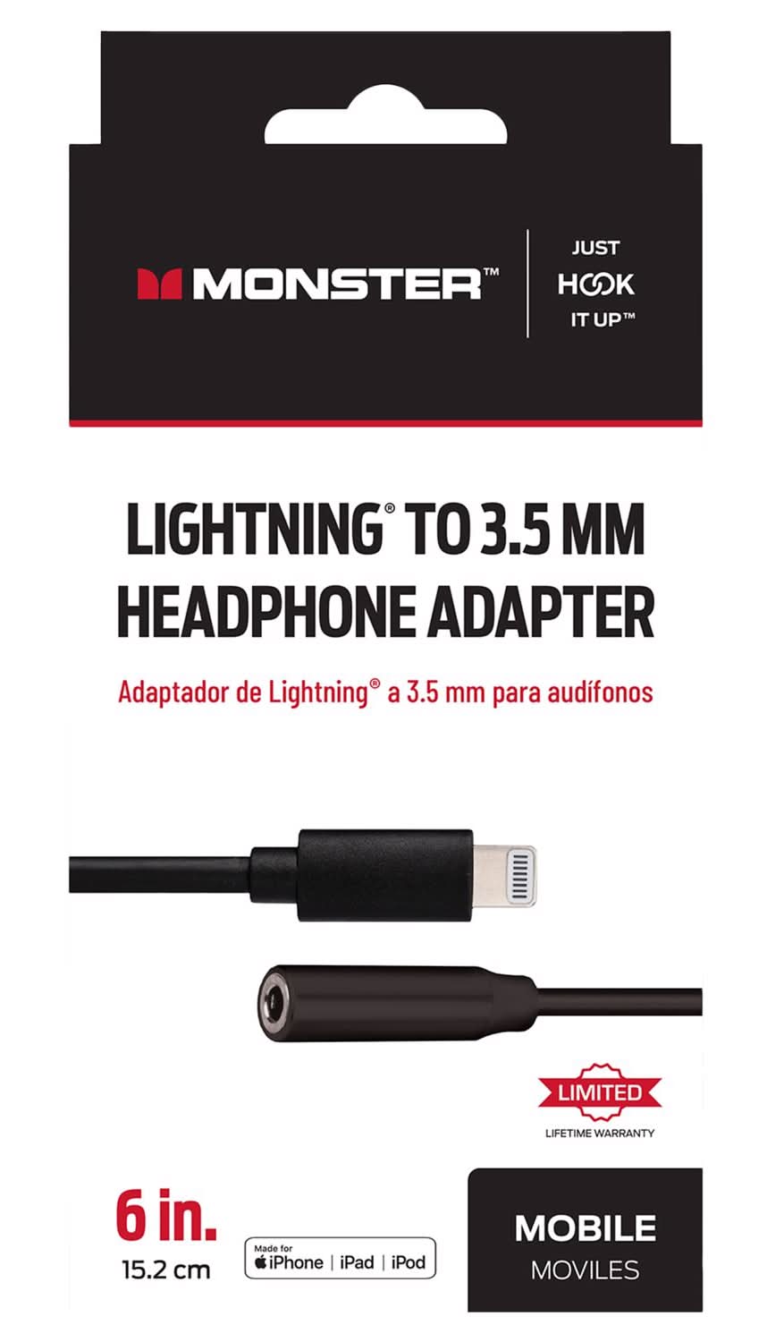 Monster Just Hook It Up Lightning To 3.5 Mm Audio Jack Adapter 6 In. Black