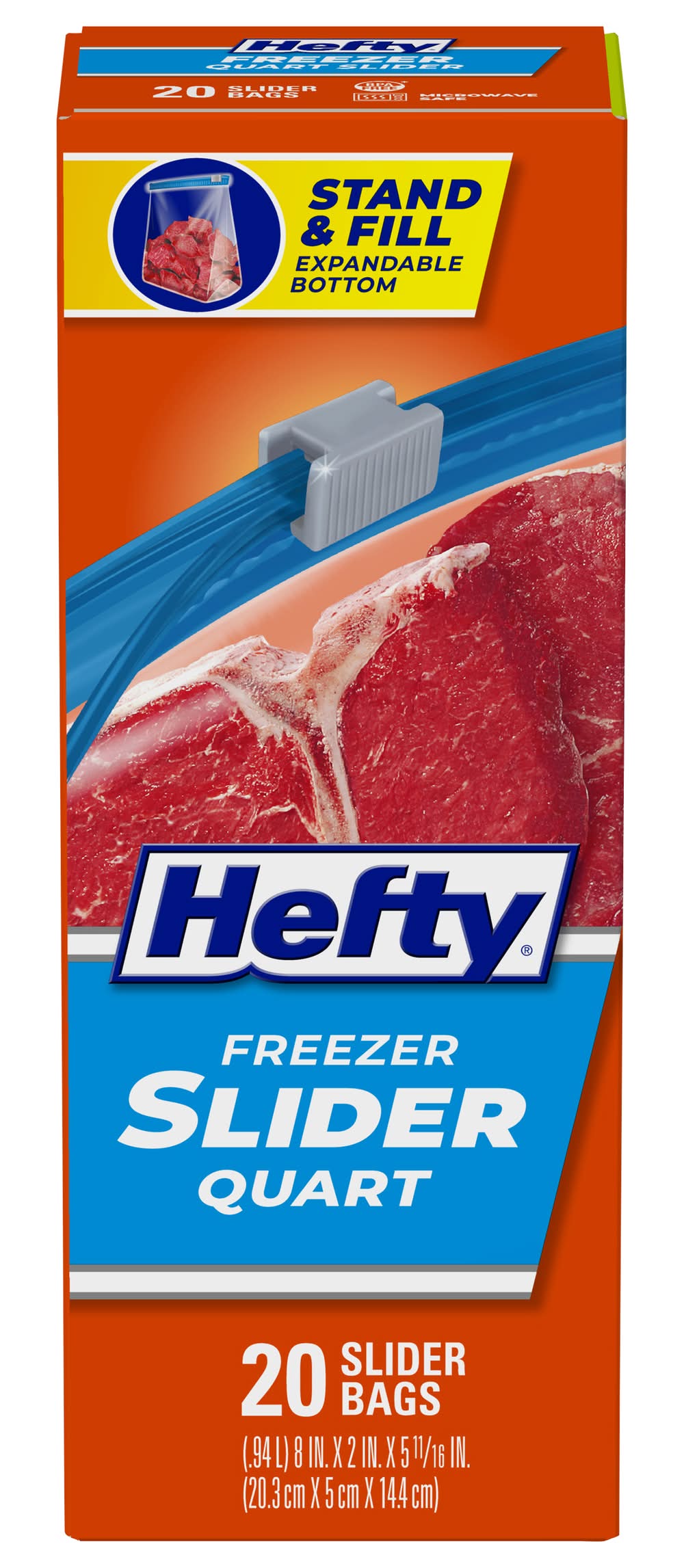 Hefty Quart Freezer Slider Bags Capacity Of 940ml, 20.3 cm x 5 cm x 14.4 cm, 8 in x 2 in x 5 11/16 in (20 ct)