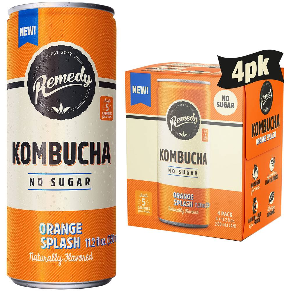 Remedy Kombucha No Sugar Splash Naturally, Orange (4 x 11.2 fl oz)