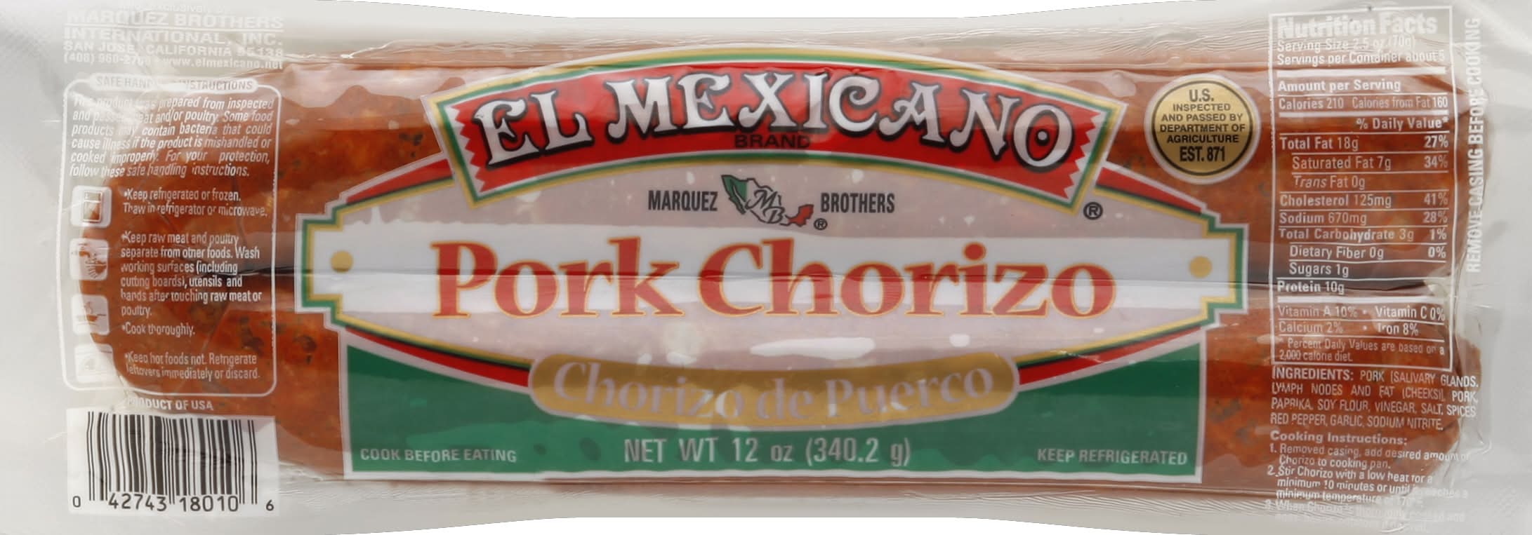 El Mexicano Pork Chorizo (12 oz)