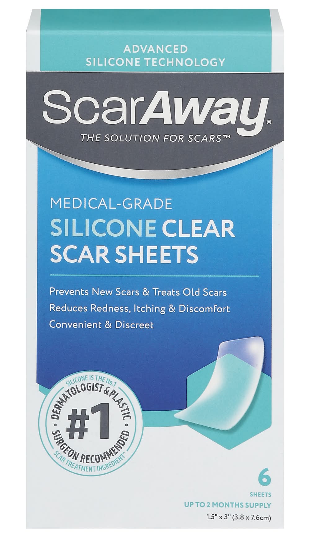 ScarAway Clear Silicone Scar Sheets, 1.5x3 in (6 ct)
