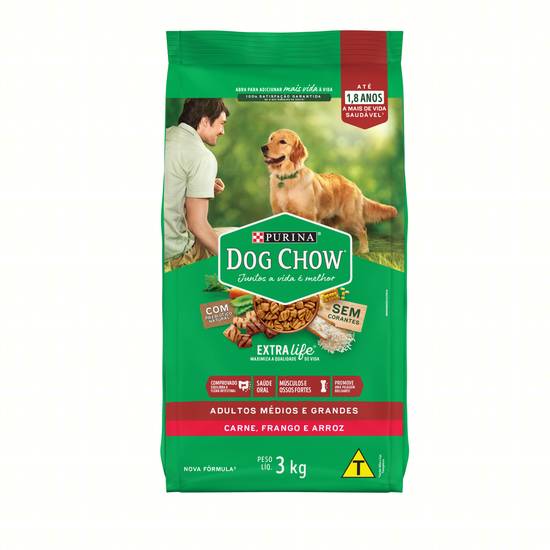 Purina ração seca para cães adultos médios e grandes dog chow sabor carne, frango e arroz (3 kg)