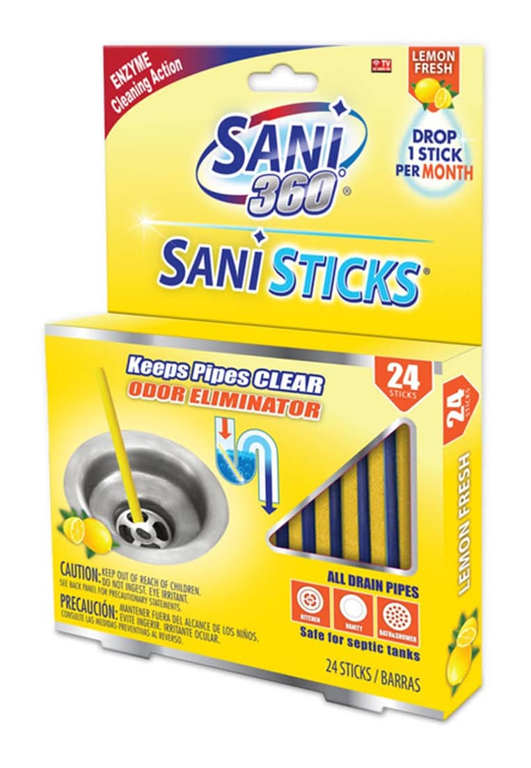 Sani 360 Clears Drains Pipes Sink Bath Shower Odor Eliminator Lemon Fresh 12 Ct