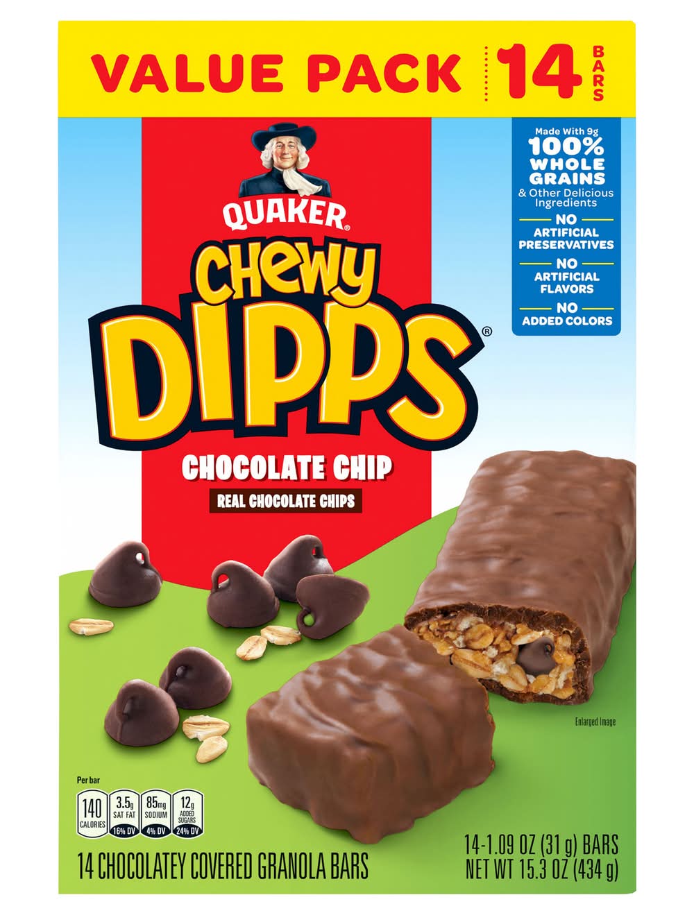 Quaker Chewy Dipps Chocolatey Covered Granola Bars, Chocolate Chip (14 x 1.09 oz)
