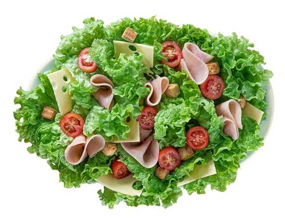 Salade Croquante : Salade verte, tomates, jambon, emmental et croûtons grillés.