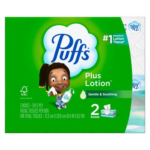 Puffs Plus Lotion Facial Tissue, 8.4x8.2 in (2 x 124 ct)