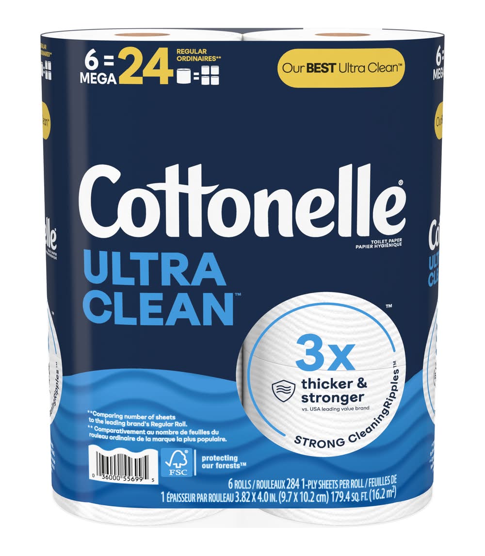 Cottonelle Ultra Clean Toilet Paper Strong Tissues Rolls, 3.82x4.0 in (6 ct)