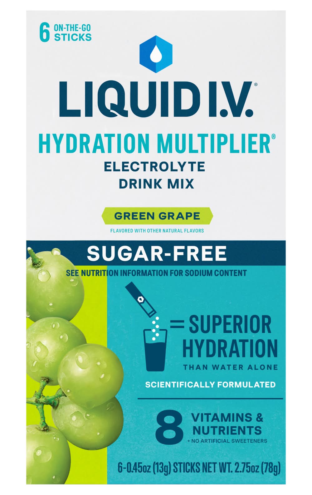 Liquid I.V. Sugar Free Hydration Multiplier Electrolyte Drink Mix, Green Grape (6 x 0.45 oz)