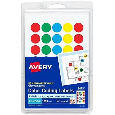 Avery See-Through Removable Color Dots, 3/4 Dia., Assorted Colors, 35 Labels/Sheet, 29 Sheets/Pack (13964/5473)
