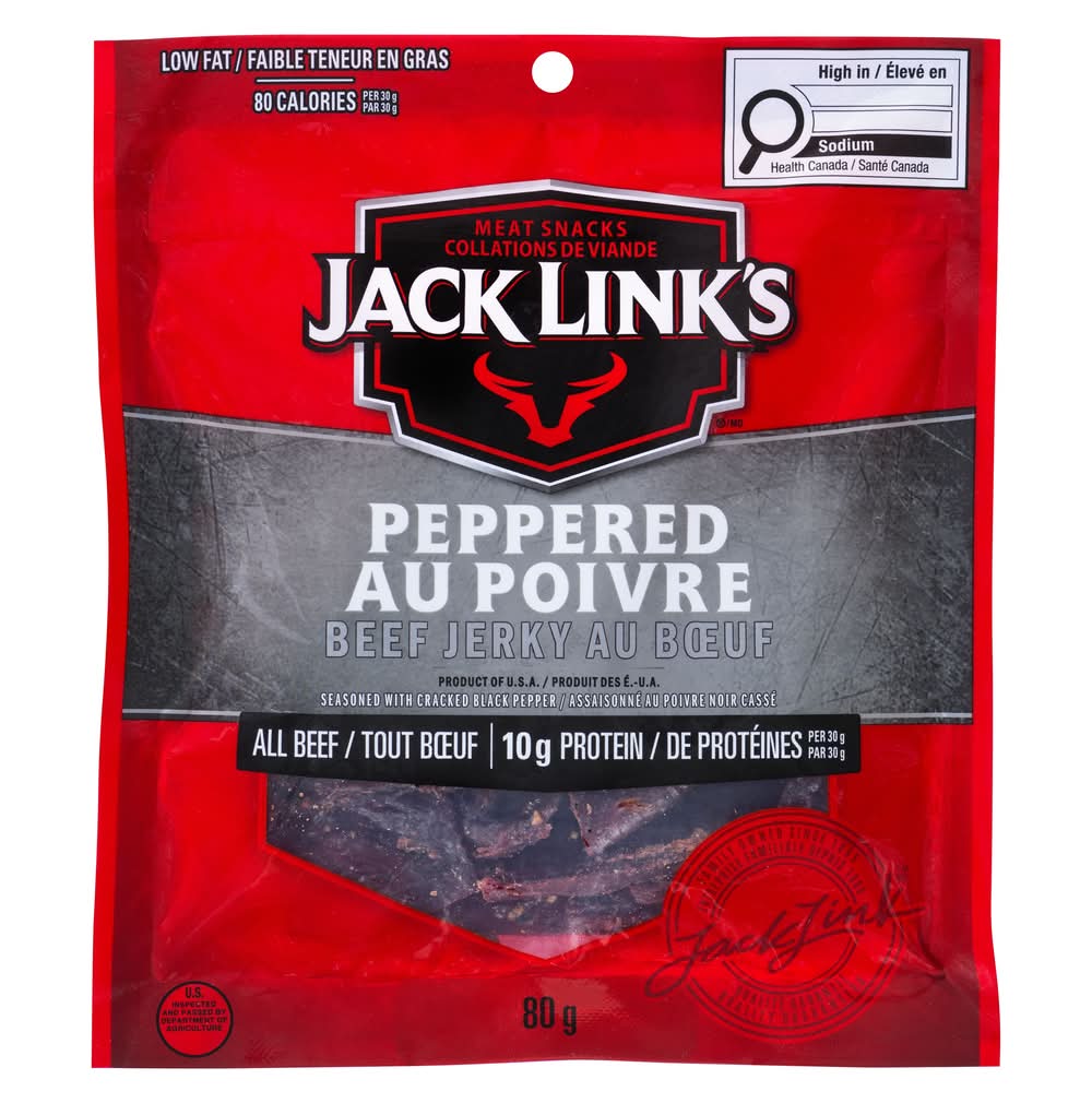 Jack link's collations de viande séchée au bœuf poivré (80 g) - peppered beef jerky meat snacks (80 g)