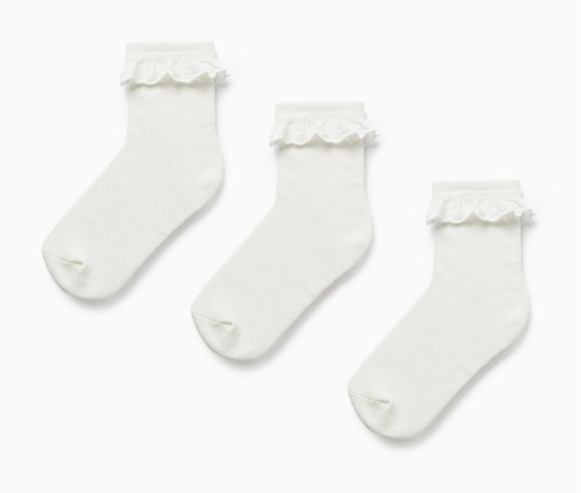 Pack 3 Pares De Meias Com Bordado Inglês Para Menina, Branco (Branco - 31/34)