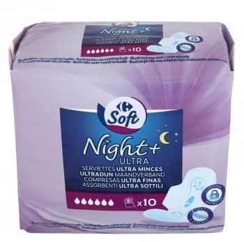 Compresas ultra con alas para noche Soft Carrefour 10 ud.