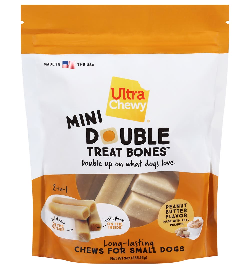 Ultra Chewy Double Treat Bones Mini Long-Lasting Chews For Dogs, Peanut Butter, Small Breed (9 oz)