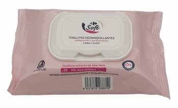 Toallitas desmaquillantes hidratante y refrescantes para piel seca y sensible cara y ojos Carrefour Soft 25 ud.