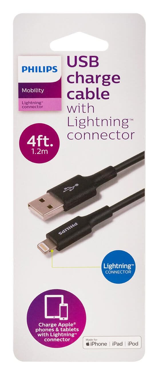 Philips Usb Charger Cable With Lightning Connector, 4 ft, Black