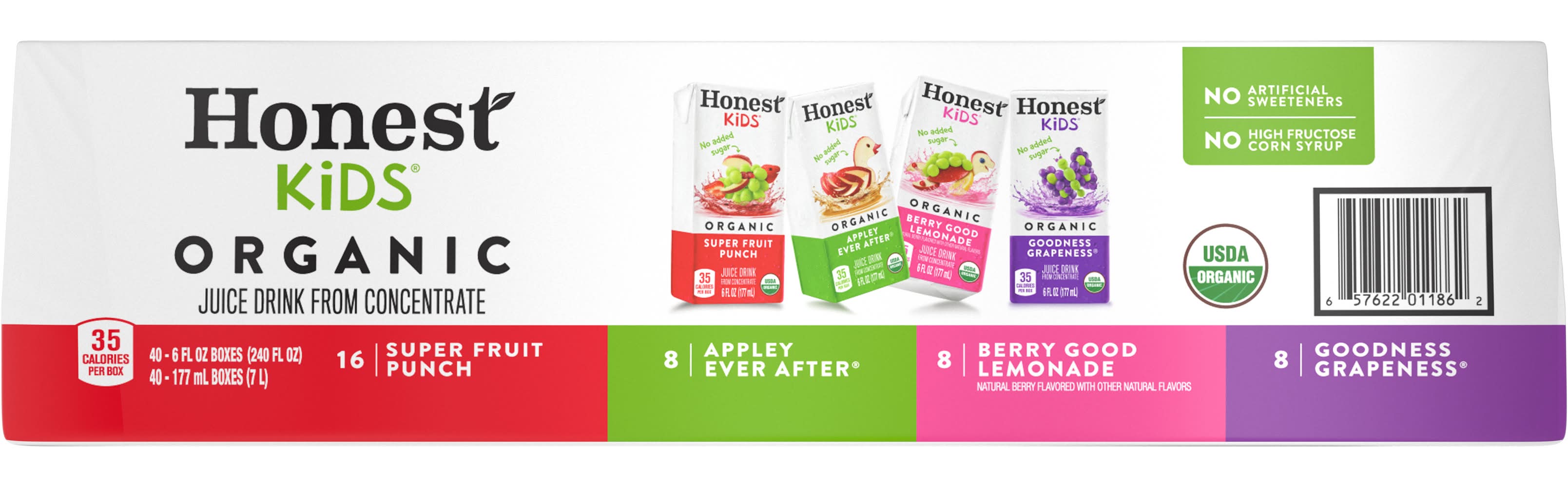 Honest Kids Organic Juice Drink, Super Fruit Punch-Appley Ever After-Berry Good Lemonade-Goodness Grapeness (40 x 6 fl oz)