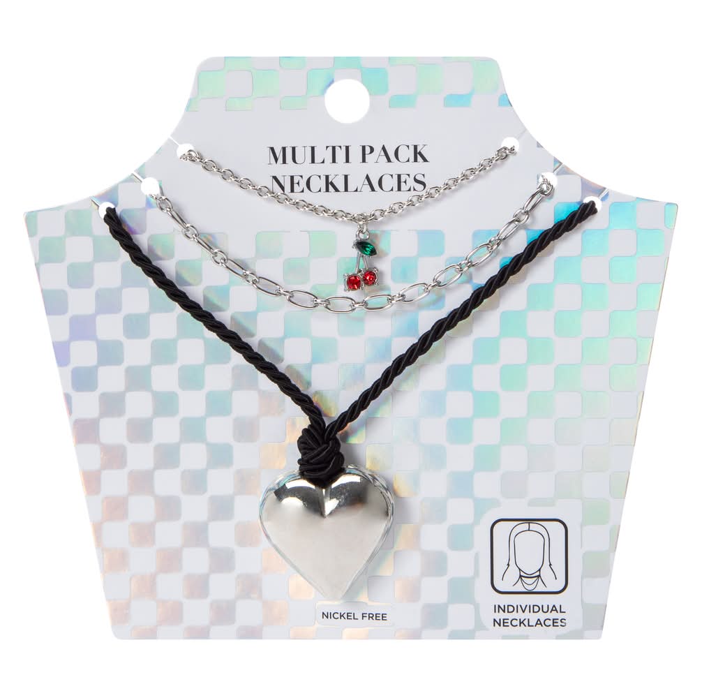 Multi-Pack Layered Necklaces Silver Heart Cherries
