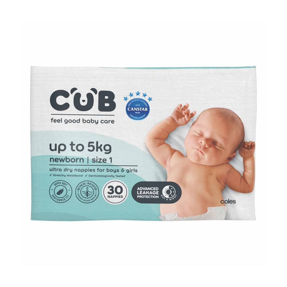 Cub Unisex Newborn Nappies Size 1 30 pack