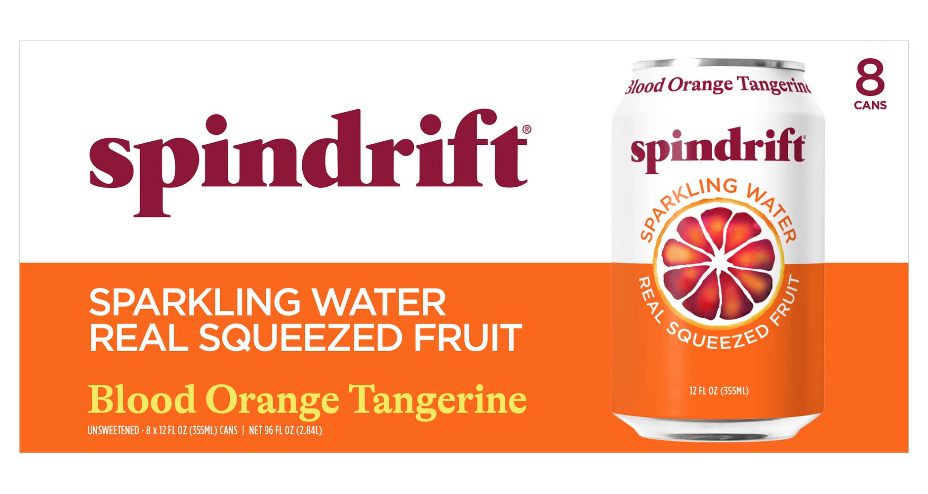 Spindrift Real Squeezed Fruit Sparkling Water, Blood Orange Tangerine (8 x 12 fl oz)