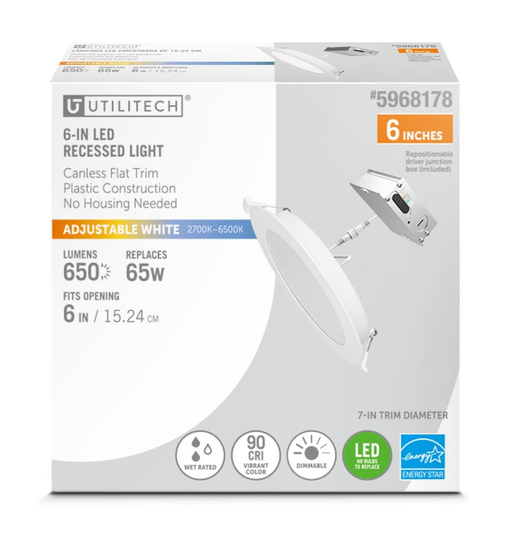 Utilitech White 6-in 650 -Lumens Switchable white Round Dimmable LED Canless Wet rated Recessed Downlight