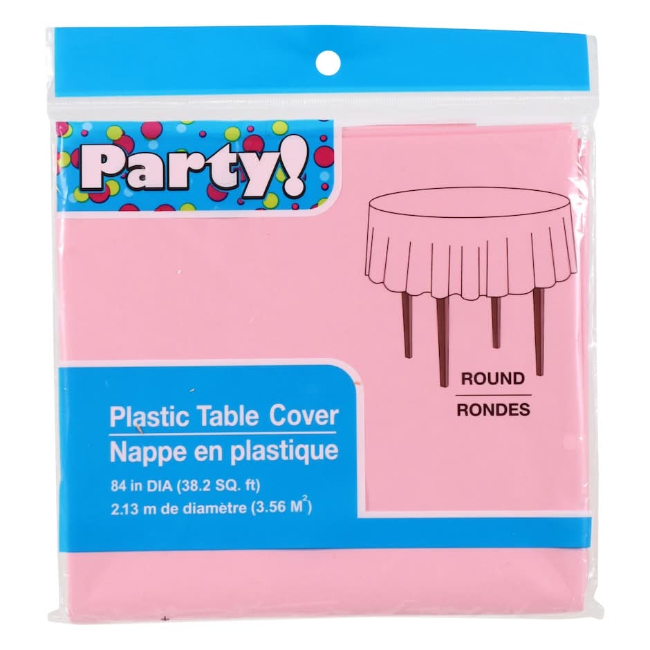 Round Plastic Tablecloth, 84 in, Pink