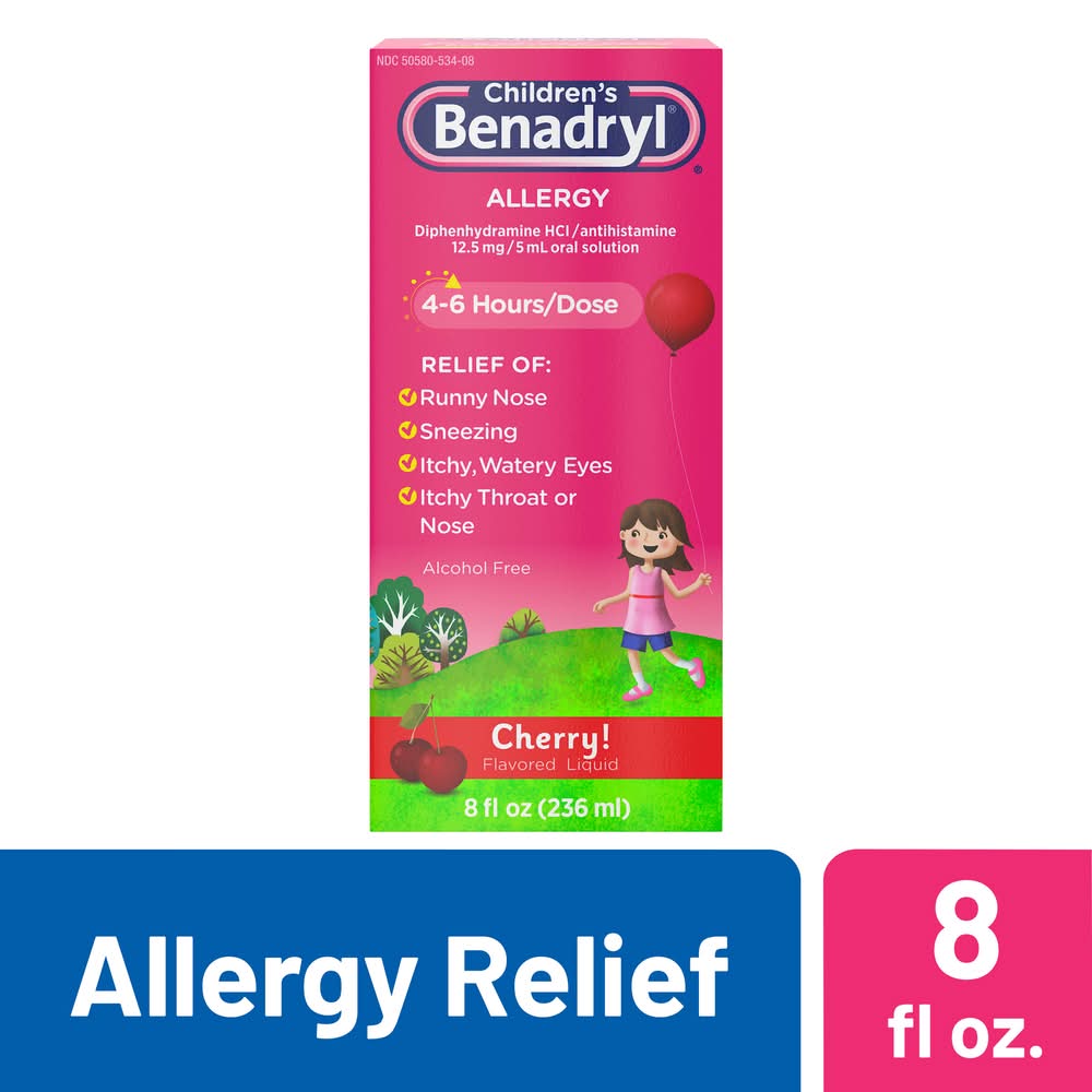 Children's Benadryl Allergy Relief Liquid Medicine With Diphenhydramine Hcl, Cherry (8 fl oz)